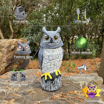 Owlsome Solar Owl with Colored Flashing Eyes, Rotating Head, Hoot Sound, Motion Detector and Silent Mode, Plastic Owl Garden Sculpture, Garden Decoration