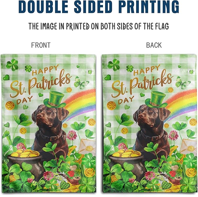 Chocolate Lab St Patricks Day Garden Flag Labrador Dog St Patrick's Day Yard Flags for Outside 12x18 Double Sided Buffalo Plaid Shamrock Flag Small Outdoor Rainbow St Patrick's Decor