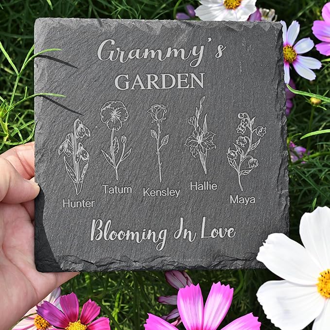 Personalized Garden Stone, Mothers Day & Grammy Gifts, Custom Birth Month Flower, Birthstone Gifts for Her & Mom