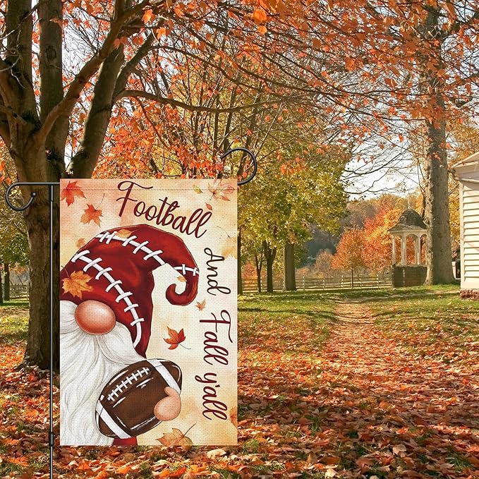 Heyfibro Football and Fall Y'all Gnome Garden Flag 12x18 Double Sided Burlap, Maple Leave Rugby Sports Events Yard Flags for Thanksgiving Rustic Seasonal Autumn Outdoor Decoration (ONLY FLAG)