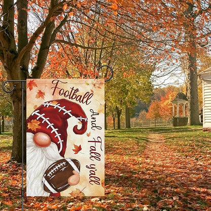 Heyfibro Football and Fall Y'all Gnome Garden Flag 12x18 Double Sided Burlap, Maple Leave Rugby Sports Events Yard Flags for Thanksgiving Rustic Seasonal Autumn Outdoor Decoration (ONLY FLAG)
