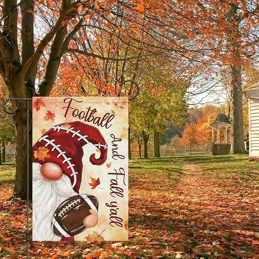 Heyfibro Football and Fall Y'all Gnome Garden Flag 12x18 Double Sided Burlap, Maple Leave Rugby Sports Events Yard Flags for Thanksgiving Rustic Seasonal Autumn Outdoor Decoration (ONLY FLAG)