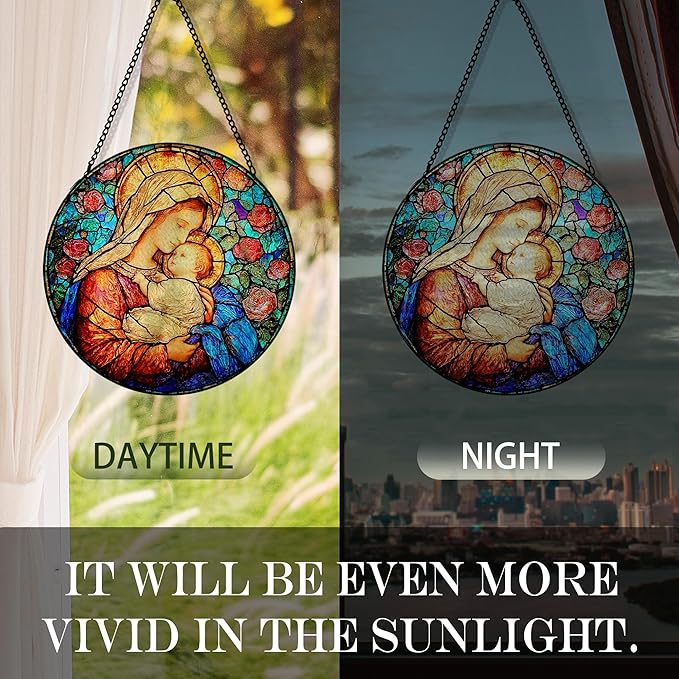 Virgin Mary Flower Suncatcher Stained Glass Window Hanging, Christian Our Lady of Grace Sun Catchers Indoor Window Glass Round Wall Decor, Catholic Rose Wall Art Hanging Decorations, ＂7.8x7.8＂