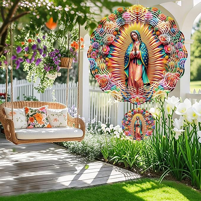 Wind Spinner Hanging Outdoor Decor, 12 Inch 3D Our Lady of Guadalupe Metal Kinetic Wind Spinners for Garden Yard Patio, Stainless Steel Laser Cut Art Catholic Christian Gifts for Women