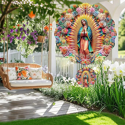 Wind Spinner Hanging Outdoor Decor, 12 Inch 3D Our Lady of Guadalupe Metal Kinetic Wind Spinners for Garden Yard Patio, Stainless Steel Laser Cut Art Catholic Christian Gifts for Women