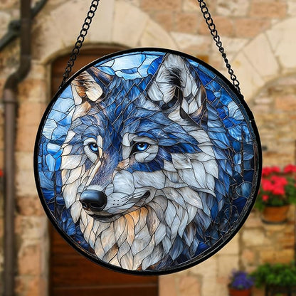 DASTOLL Stained Glass Window Hanging - Funny Wolf Suncatcher Ready to Hang Window Doors Home Decoration and Christmas, Mother's Day Birthday Gifts for Women, Men, and Mom 6.3x6.3 in