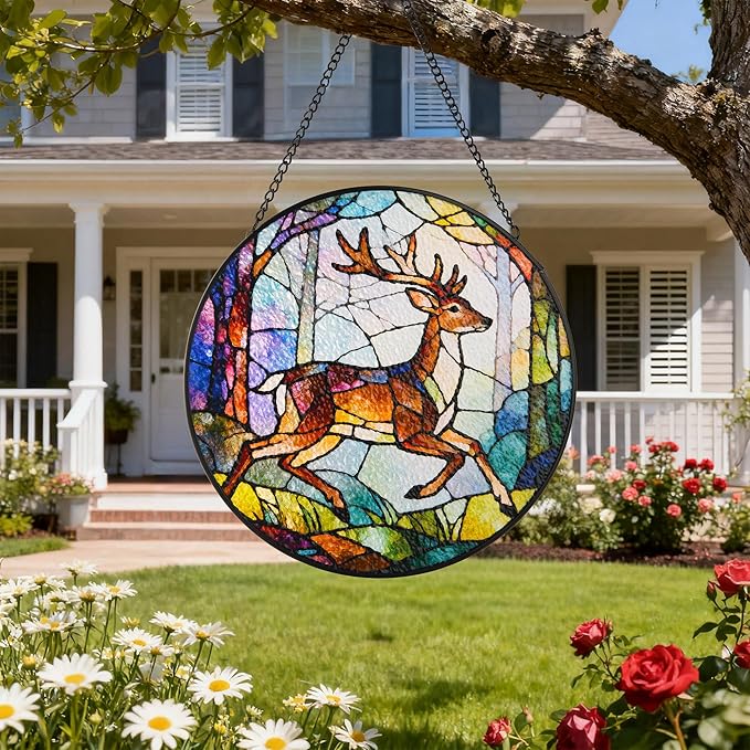 Stained Glass Window Hanging, Deer Circular Painted Glass Suncatcher with Chain & Suction Cup for Home Garden Door Decor, Birthday for Women Men Mom 7.8 in