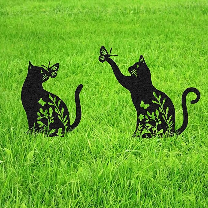 Set of 2 Metal Black Cats Decorative Garden Stakes, Cats Garden Art Decor Ornaments for Yard Lawn Patio Outdoor, Black Cat Sculpture Silhouette Statues, Cat Themed Gifts for Women & Cat Lover