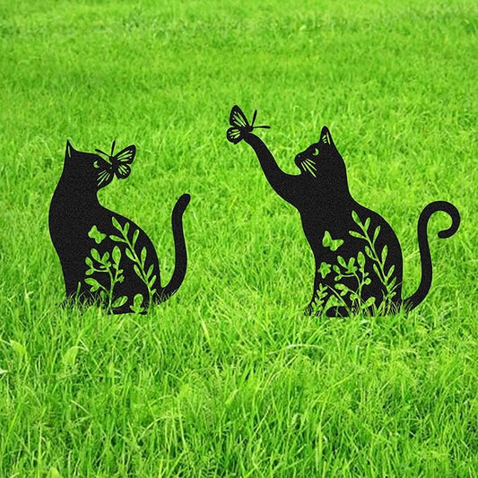 Set of 2 Metal Black Cats Decorative Garden Stakes, Cats Garden Art Decor Ornaments for Yard Lawn Patio Outdoor, Black Cat Sculpture Silhouette Statues, Cat Themed Gifts for Women & Cat Lover