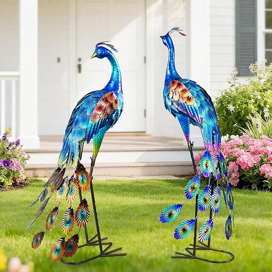 33.4“ Lifelike Metal Peacock Garden Sculptures Set of 2 - Hand-Painted Garden Peacock Sculpture Art and Durable Yard Art Outdoor - Garden Large Peacock Decorations for Patio Lawn or Backyard