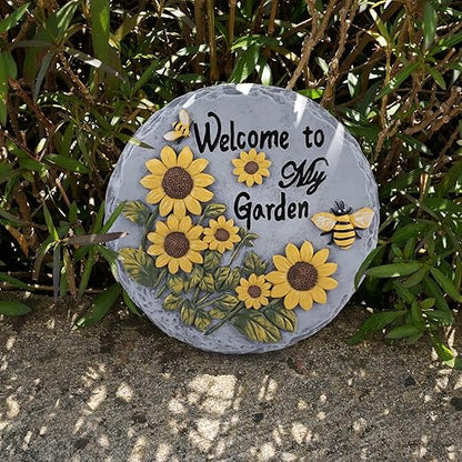 Welcome to My Garden Stepping Stone Outdoor, Butterfly Flower Stone Statue for Garden, Funny Stepping Stone for Yard, Balcony, Patio, Lawn Decorative, Spring in Garden Collection (Daisy)