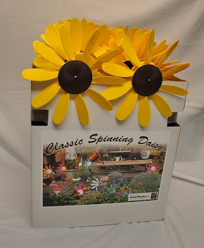 Beloit Plastics 12" Diameter Sunflowers/Daisy (6 Pack),24" Tall Pinwheel and Wind Spinner for Garden, Lawn, or Patio,Flower Vibrations May Irritate Moles - Front or Back Yard Decoration,USA Made