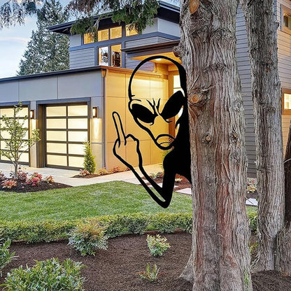 Peek-a-Boo Alien Yard Sign, Funny Peeking Metal Wall Art for Home Fence Garden Fence Patio Yard Farmhouse Outdoor Decor for Sci-Fi Fans & Pranksters, Unique Gift Idea (Middle Finger Alien,S)