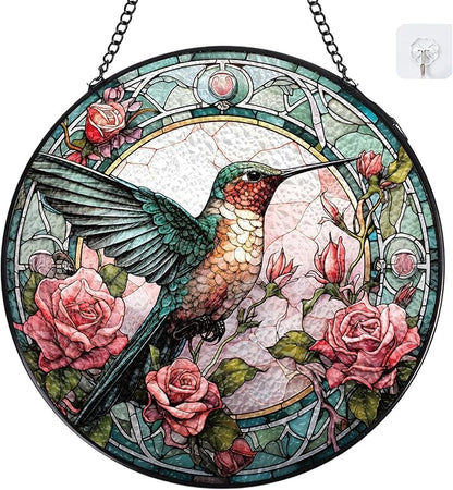 Stained Glass Window Hanging - Hummingbird Sun Catcher Indoor Decor Home Doors Wall Art Ornament Outdoor Garden Decoration Gifts for Women Birthday Party Thanksgiving Christmas Housewarming