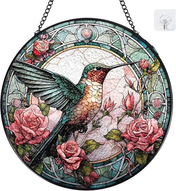 Stained Glass Window Hanging - Hummingbird Sun Catcher Indoor Decor Home Doors Wall Art Ornament Outdoor Garden Decoration Gifts for Women Birthday Party Thanksgiving Christmas Housewarming