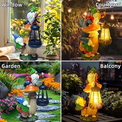 YUETJIN Funny Garden Gnomes Outdoor Climbing on Mushroom with Holding a Solar LED Lantern Resin Mushroom Statue for Patio Yard Lawn Porch Decor
