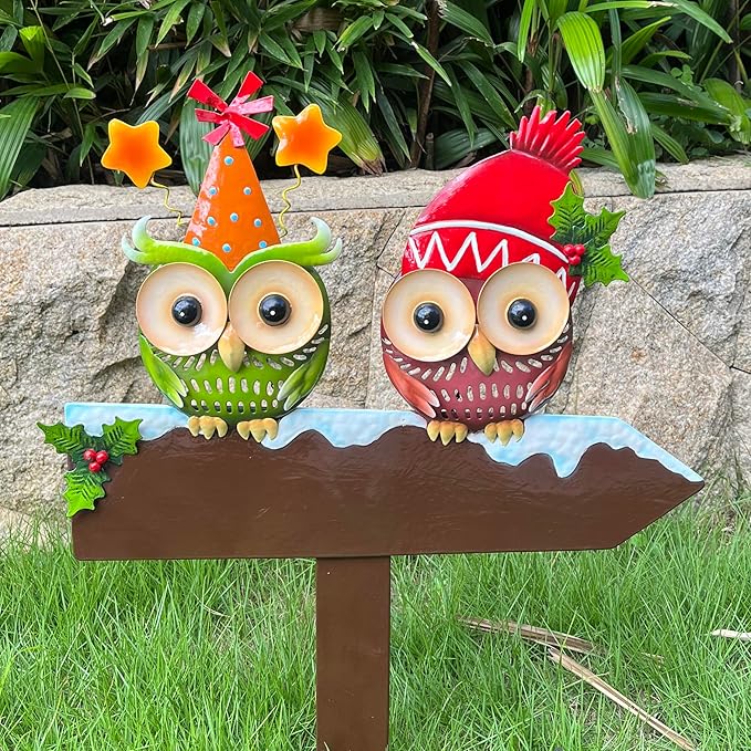 Bright Color Metal Owl Couple Garden Stake - Hanging Decor for Fence or Wall, Outdoor Yard Art with Message Board for Patio, Porch, Lawn for Couples Housewarming