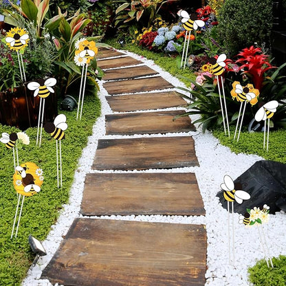 Bee Garden Stake Decor - 12 Pcs Yellow Working Bee Art Stick Floral Picks Garden Yard Metal Decorative Stake Sign Spring Summer Outdoor Backyard Pathway Lawn Plant Flower Pots Decoration