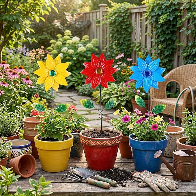 TZSSP Metal Flower Decorative,Floral Garden Stakes Yard Art,3 Pack Flower Garden Stakes Decor for Lawn & Yard Ornament