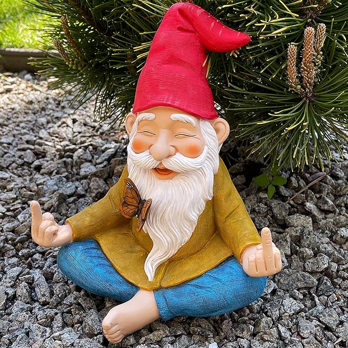 Mood Lab Zen Garden Gnome - Relaxed Yoga Gnome with Middle Finger - 9.25 Inch Tall Outdoor or Indoor Decor