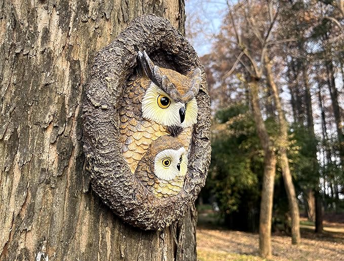 Resin Owl Mum&Baby Tree Hugger- Hanging Statue for Tree Decoration-Outdoor Tree Décor for Garden Yard Fence-9.5 Inch(Owl Mum&Baby)