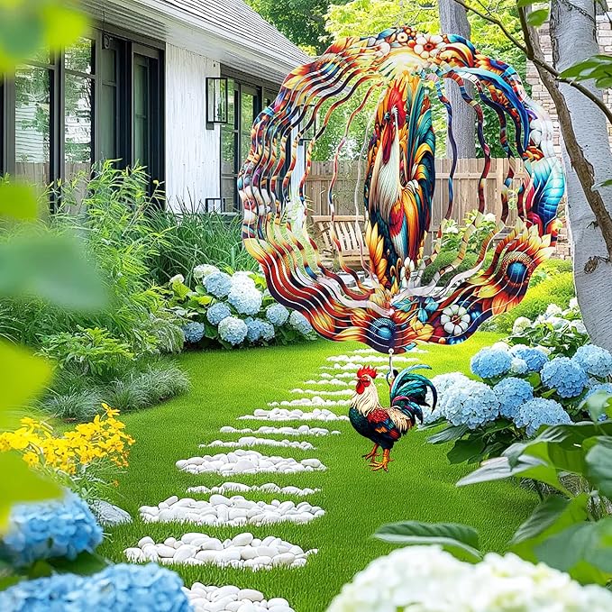 Rooster Wind Spinners, Chicken Gifts for Women Mom Grandma Wife, 12 inch 3D Stainless Steel Hanging Wind Spinners Outdoor for Garden Decorations, Christmas Thanksgiving Birthday Ornament Gifts