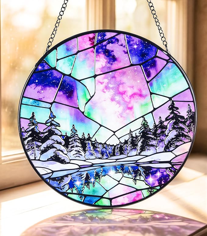 Stained Glass Window Hanging Suncatchers with Aurora Borealis 12.6", Winter Landscape Glass Panel with Metal Chain for Home Decor Gift for Women Mother's Day, Birthday, Men, and Mom