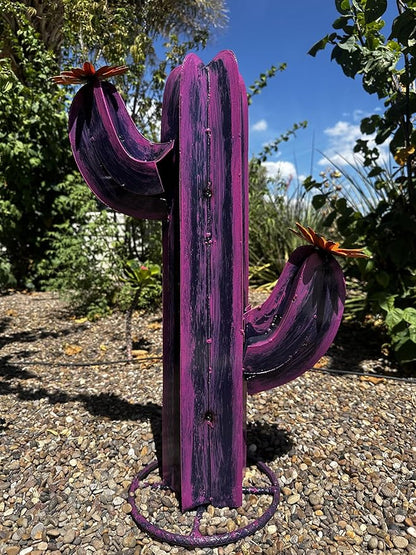 Colorful Metal Saguaro Cactus with Flowers - Handmade Garden Decor (Purple)