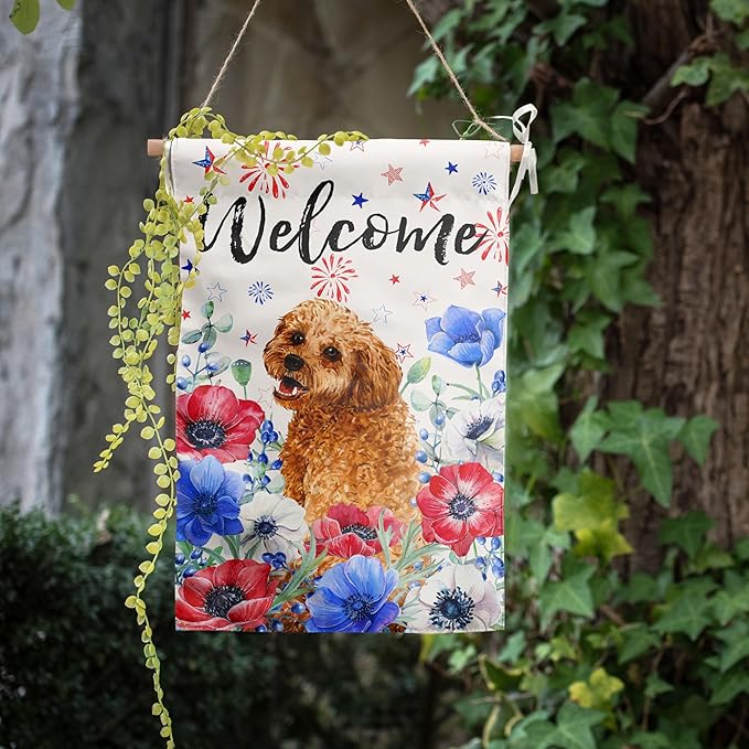 4th of July Golden Doodle Garden Flag Red White Blue Floral Dog Yard Flags Small Memorial Independence Day Banner 12x18 Double Sided for Outside Outdoor Patriotic Decor