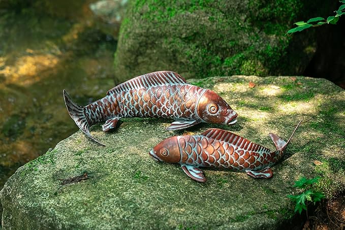 Garden Statues Koi Fish Decor for Outside,Antique Copper Garden Decor,Outdoor Koi Sculptures & Statues for Yard Patio Backyard Pond Decorations,Metal Fish Gifts for Women Mom Grandma,Set of 2