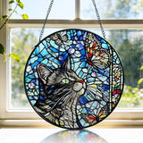 AELS Stained Glass 7.87" Round Suncatcher, Colorful Sun Catcher for Home Garden Window Decor, Window Hanging Ornament Gift for Friends and Family, Cat and Butterfly