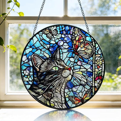 AELS Stained Glass 7.87" Round Suncatcher, Colorful Sun Catcher for Home Garden Window Decor, Window Hanging Ornament Gift for Friends and Family, Cat and Butterfly