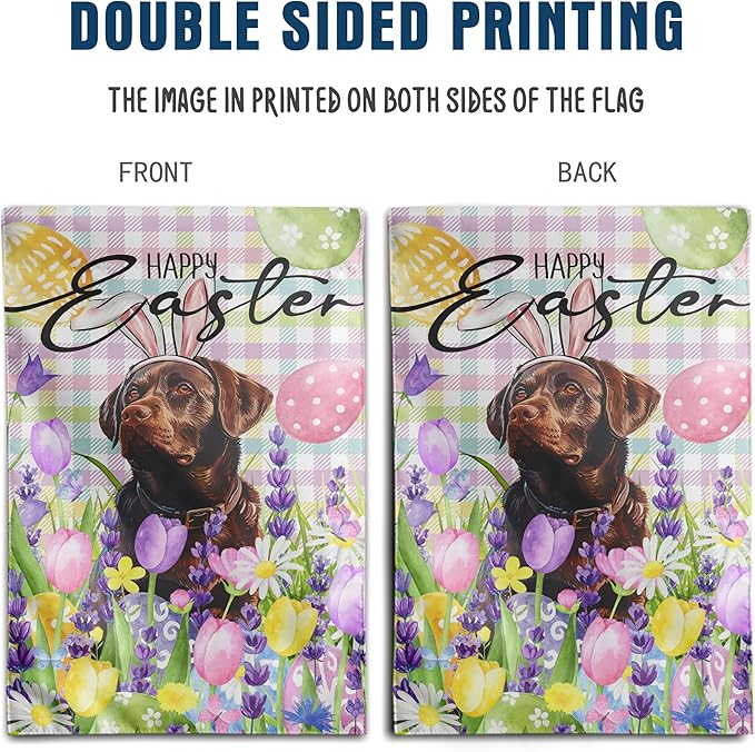 Happy Easter Labrador Dog Garden Flag Chocolate Lab Spring Flags Buffalo Plaid Bunny Eggs Yard Flag for Outside 12x18 Double Sided Small Decorative Floral Outdoor Flag