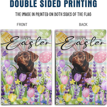Happy Easter Labrador Dog Garden Flag Chocolate Lab Spring Flags Buffalo Plaid Bunny Eggs Yard Flag for Outside 12x18 Double Sided Small Decorative Floral Outdoor Flag