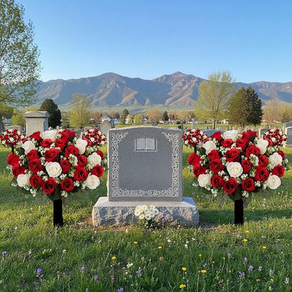 Frienda 2 Sets Cemetery Flowers Grave Stake Metal Floral Decor for Tombstone, Outdoor Gravesite Markers for Mom Dad, Memorial Day Spring Easter Grave Decor(Bouquet,Red,White)