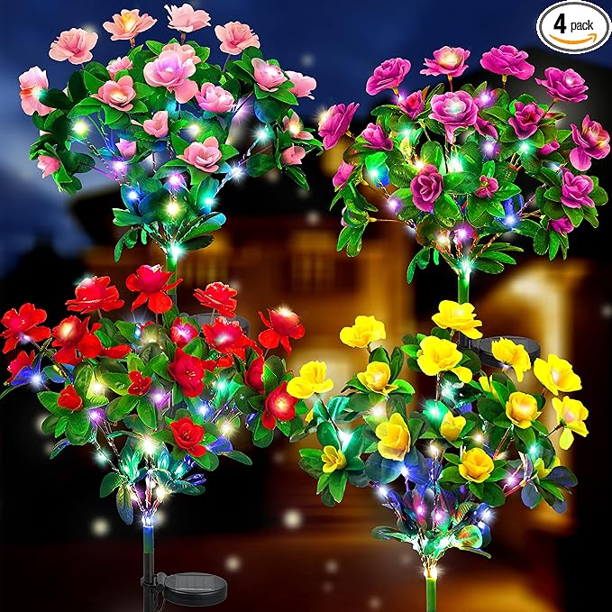 Ouddy Decor 4 Pack Solar Garden Lights, Solar Azalea Flowers with 56 Colorful LED Upgrade Waterproof Pathway Lights for Yard Decor Fence Patio Lawn Decor Mothers Day Gardening Gifts