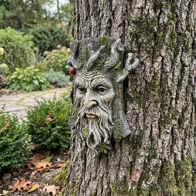 Tree Face Garden Statues Outdoor Decoration Clearance, Whimsical Old Man Tree Faces for Fence Hugger Sculpture, Wallmount Statue Fairy Art with Mushroom, Patio Home Hanging Decor, 6.9" x 2.8" x 9.8"