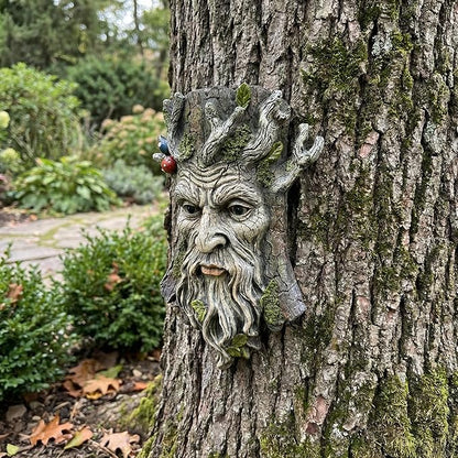Tree Face Garden Statues Outdoor Decoration Clearance, Whimsical Old Man Tree Faces for Fence Hugger Sculpture, Wallmount Statue Fairy Art with Mushroom, Patio Home Hanging Decor, 6.9" x 2.8" x 9.8"