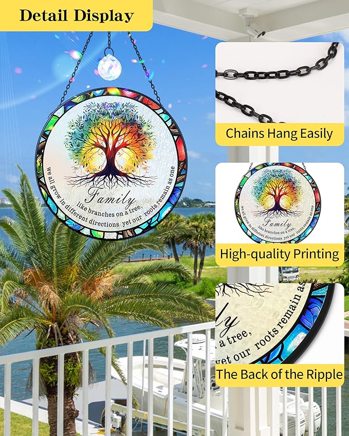 Tree of Life Stained Glass Window Hanging Family Tree Suncatcher for Door Home Decor Desk Decorations Gifts for Women (Glass-Family Branches, 7.8x7.8 in)