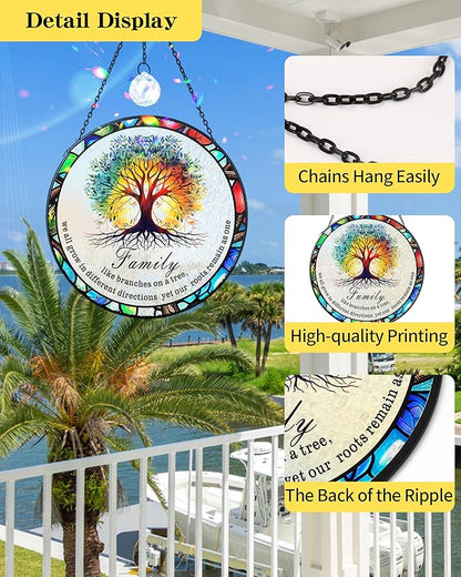 Tree of Life Stained Glass Window Hanging Family Tree Suncatcher for Door Home Decor Desk Decorations Gifts for Women (Glass-Family Branches, 7.8x7.8 in)