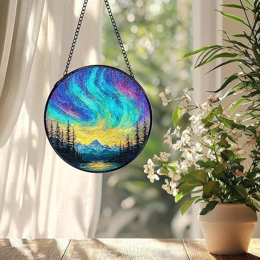 Nature Mountain Aurora Borealis Suncatcher Stained Glass Window Hanging, Northern Lights Sun Catchers Indoor Window Glass Wall Art Decor, Nature Wall Hanging Decor Decorations, 7.9x7.9 Inch