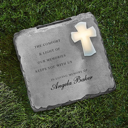 Let's Make Memories Personalized Memorial Garden Stone - Engraved Sympathy Garden Marker - Condolences - Solar Cross - Comfort and Light