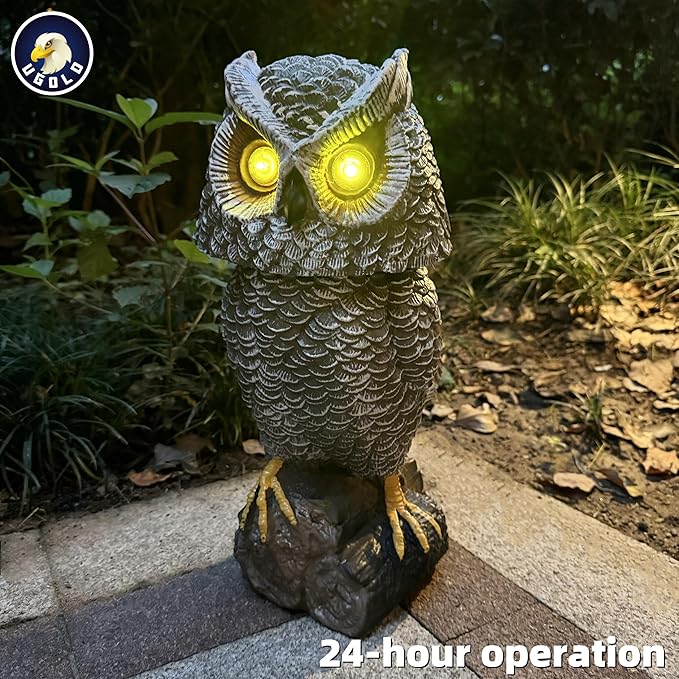 Solar Powered Garden Owl with Motion Detection, Rotating Head, Realistic Hoots and Silent Mode, Outdoor Statue and Sculpture, Owl Decoration for Home, Garden, Patio and Lawn