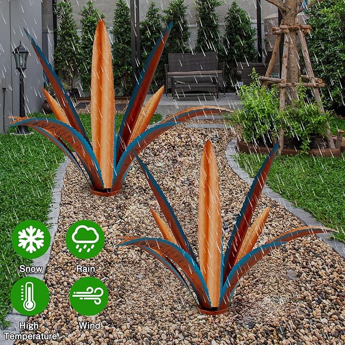 NIDONE Metal Yard Art, 9 Leaves Metal Agave Yard Art Tequila Rustic Garden Sculpture Statue for Garden Lawn Ornaments (Blue)