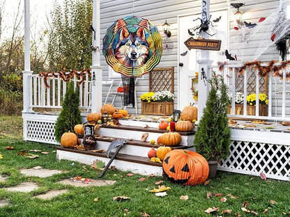 Wind Spinner Wolf 12 Inch Large Stainless Steel 3D Kinetic Wind Sculptures Hanging for Fall Halloween Outdoor Yard Patio Garden Decorations