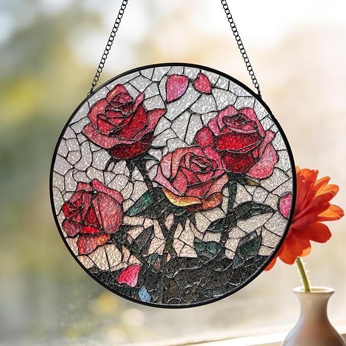 Pink Red Roses Stained Glass Window Hanging Suncatchers Valentine Roses Glass Panel Hangings Vintage Floral Window Decor Flowers Lovers Gift for Women Mom Spring Garden Nature Ornament 9.9inch