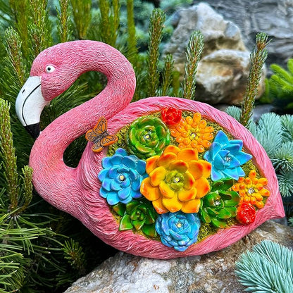 Mood Lab Garden Decor Flamingo Statue - 9 Inch Width Solar Figurine - 8 LED Solar Lights in Succulent Flowers - Yard Patio Lawn Indoor Outdoor Decoration