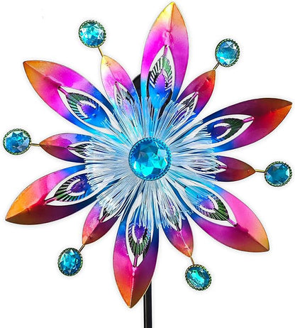 COOZZYHOR Soalr Wind Spinners Garden Stake,42 Inch Metal Peacock Feather Fiber Optic Windmills,Wind Sculpture Decor for Lawn, Patio&Yard Outdoor Decorations