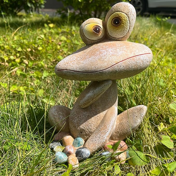 Funny Frog Garden Statue Outdoor Dec Cute Resin Animal Figurine Weatherproof for Yard Lawn Patio Garden Bed Pathway - Whimsical Indoor Outdoor Ornament Gift for Nature Lovers