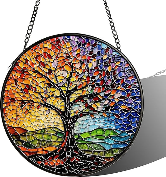 Stained Glass Sun Catcher,Colorful Tree of Life Glass Window Hanging Garden Decor,Sun Catchers Indoor Window,Whimsical Decoration for Home Backyard Patio Lawn Porch with 7.9 INCH